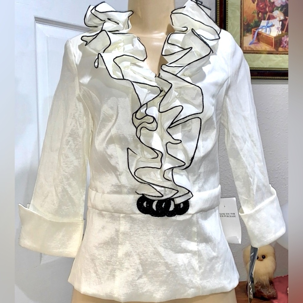 Xscape 3/4 Cuffed Sleeve Ruffled & Embellished Formal White Taffeta w Black Trim